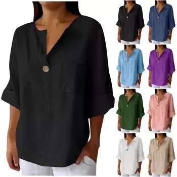 Женская мода повседневная хлопковая льняная кофта с V-образным вырезом на пуговицах и рукавами-семью точками XXL белый