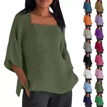 Женская мода повседневная хлопковая льняная кофта с V-образным вырезом на пуговицах и рукавами-семью точками S