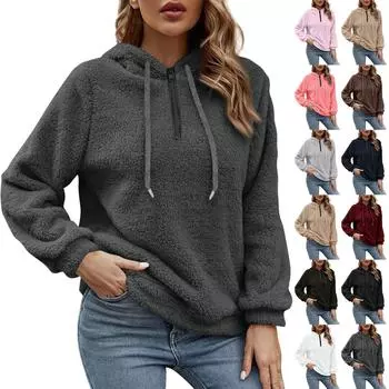 Женская мода повседневная и зимняя плюшевая теплая толстовка с длинным рукавом на молнии с капюшоном и завязками на шнурке L кофейный