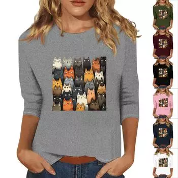 Женская мода повседневная кофта с круглым вырезом и рукавом три четверти с принтом кота XXL белый