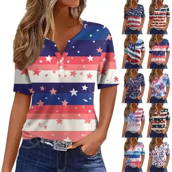 Женская мода повседневная кофта с принтом «День независимости» с V-образным вырезом и короткими рукавами на пуговицах XL