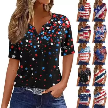 Женская мода повседневная кофта с принтом «День независимости» с V-образным вырезом и короткими рукавами на пуговицах L