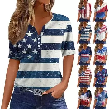 Женская мода повседневная кофта с принтом «День независимости» с V-образным вырезом и короткими рукавами на пуговицах S