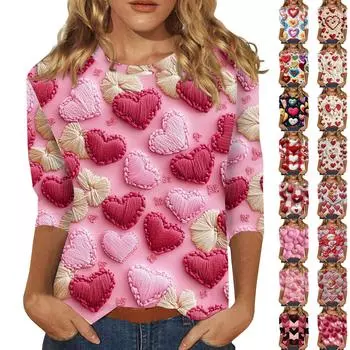 Женская мода повседневная кофта с разрезом на рукаве 3/4 и принтом ко Дню святого Валентина с круглым вырезом L бежевый