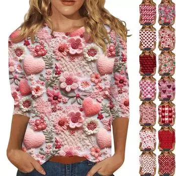 Женская мода повседневная кофта с разрезом на рукаве 3/4 и принтом ко Дню святого Валентина с круглым вырезом L бежевый