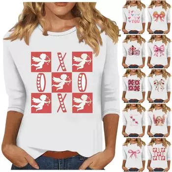 Женская мода повседневная кофта с рукавом три четверти и круглым вырезом с принтом ко Дню святого Валентина XL тёмно-синий