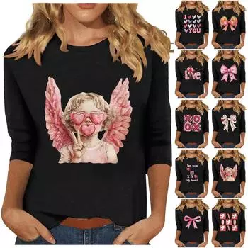 Женская мода повседневная кофта с рукавом три четверти и круглым вырезом с принтом ко Дню святого Валентина L чёрный