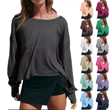 Женская мода повседневная круглая горловина длинный рукав спинка однотонный топ L зелёный