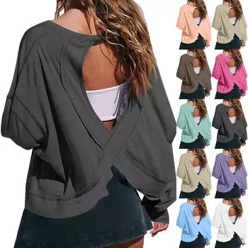 Женская мода повседневная круглая горловина длинный рукав спинка однотонный топ L бежевый