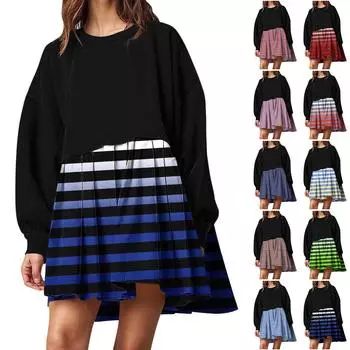 Женская мода повседневная круглая горловина длинный рукав пэчворк пуловер свитшот принтованные платья L синий