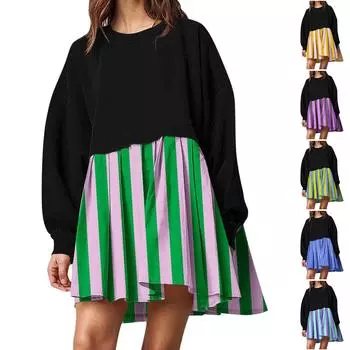 Женская мода повседневная круглая горловина длинный рукав пэчворк пуловер свитшот принтованные платья L синий