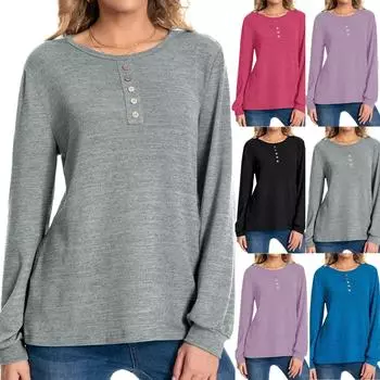 Женская мода повседневная круглая горловина с пуговицами длинный рукав однотонный топ Shu L чёрный