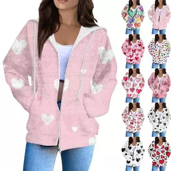 Женская мода повседневная куртка-кардиган с длинным рукавом и принтом ко Дню святого Валентина с карманом на молнии S