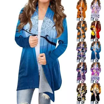 Женская мода повседневная куртка-кардиган средней длины с принтом на Хэллоуин XXL