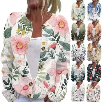 Женская мода повседневная куртка с длинным рукавом и цветочным принтом L армия зеленый