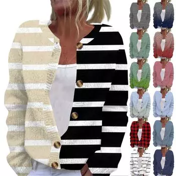 Женская мода повседневная куртка с длинным рукавом и полосатым принтом кардиган пальто L армия зеленый