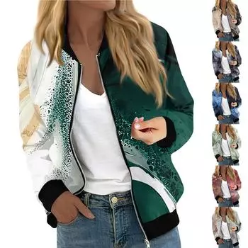 Женская мода повседневная куртка с градиентным принтом на молнии с карманами S зелёный