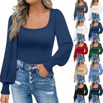 Женская мода повседневная квадратная горловина тонкий пузырь длинный рукав однотонный топ XL бежевый