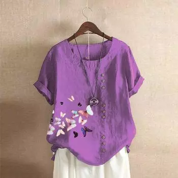 Женская мода повседневная льняная рубашка с круглым вырезом футболка с коротким рукавом свободная блузка S