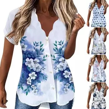 Женская мода, повседневная летняя блузка с коротким рукавом и пуговицами, лето 2022 XXL синий