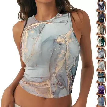 Женская мода, повседневная летняя футболка без рукавов с принтом, топ