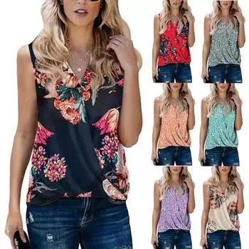 Женская мода, повседневная летняя свободная майка без рукавов с v-образным вырезом и принтом M бежевый