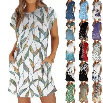 Женская мода повседневная летняя винтажная цветочная печать короткий рукав круглый вырез свободное платье с карманами XL чёрный