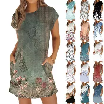 Женская мода повседневная летняя винтажная цветочная печать короткий рукав круглый вырез свободное платье с карманами XL зелёный