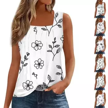 Женская мода повседневная майка без рукавов с цветочным принтом и квадратным вырезом M