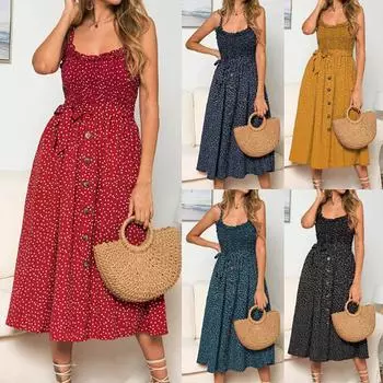 Женская мода Повседневная майка с бантом Майка Жилет с рюшами в горошек Платье без рукавов S