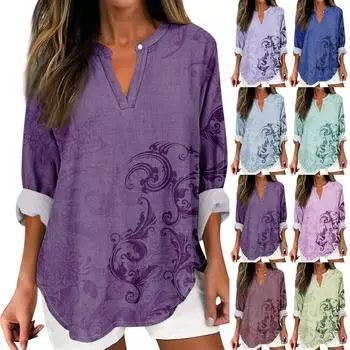 Женская мода Повседневная мода Топ с v-образным вырезом и принтом, рубашка с длинными рукавами, топ XXXL зелёный