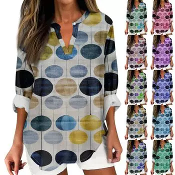 Женская мода Повседневная мода Топ с v-образным вырезом и принтом, рубашка с длинными рукавами, топ L синий