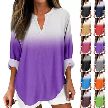 Женская мода Повседневная мода Топ с v-образным вырезом и принтом, рубашка с длинными рукавами, топ L чёрный