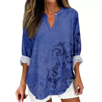 Женская мода Повседневная мода Топ с v-образным вырезом и принтом, рубашка с длинными рукавами, топ S зелёный