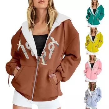 Женская мода, повседневная модная толстовка с длинным рукавом и принтом, толстовка на молнии, карманное пальто L