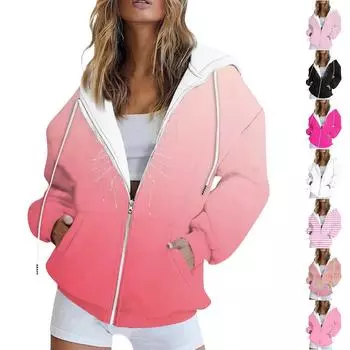 Женская мода, повседневная модная толстовка с длинным рукавом и принтом, толстовка на молнии, карманное пальто XXL чёрный