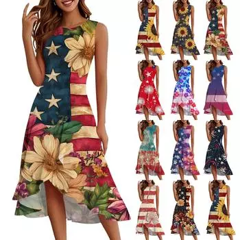 Женская мода повседневная молния без рукавов круглый вырез День независимости элегантный темперамент оборки платья платья L жёлтый