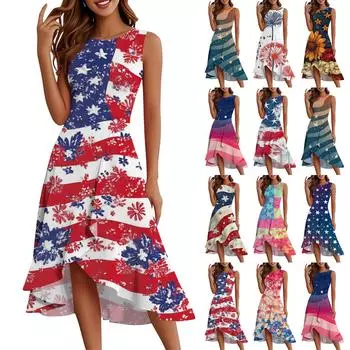 Женская мода повседневная молния без рукавов круглый вырез День независимости элегантный темперамент оборки платья платья S хаки