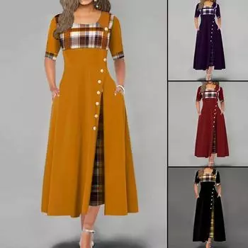 Женская мода повседневная нерегулярная клетчатая пуговица с принтом макси с коротким рукавом и круглым вырезом плюс размер вечернее платье XXXXXL жёлтый