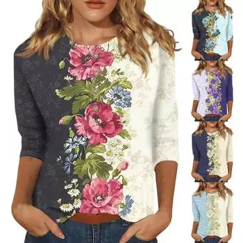 Женская мода Повседневная новая пуговица с круглым вырезом и рукавами 3/4 Свободная футболка с принтом Женский топ L бежевый