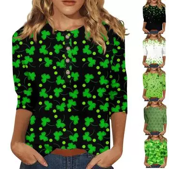 Женская мода Повседневная новая пуговица с круглым вырезом и рукавами 3/4 Свободная футболка с принтом Женский топ L