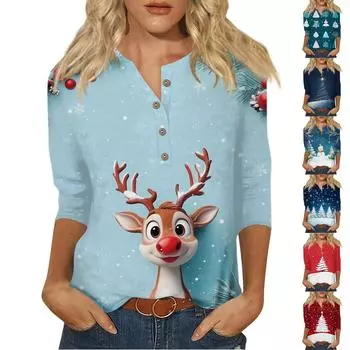 Женская мода Повседневная новая пуговица с круглым вырезом и рукавами 3/4 Свободная футболка с принтом Женский топ XXXL белый