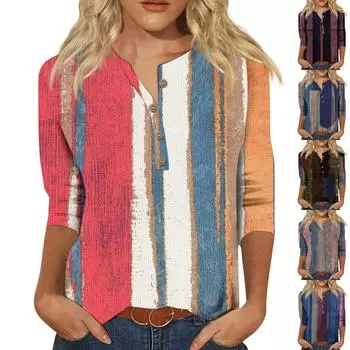 Женская мода Повседневная новая пуговица с круглым вырезом и рукавами 3/4 Свободная футболка с принтом Женский топ L чёрный