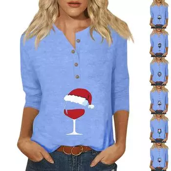 Женская мода Повседневная новая пуговица с круглым вырезом и рукавами 3/4 Свободная футболка с принтом Женский топ M винный