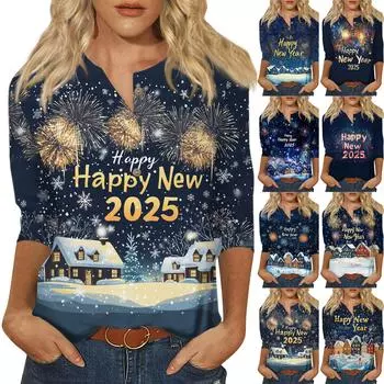 Женская мода Повседневная новая пуговица с круглым вырезом и рукавами 3/4 Свободная футболка с принтом Женский топ XXL