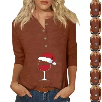 Женская мода Повседневная новая пуговица с круглым вырезом и рукавами 3/4 Свободная футболка с принтом Женский топ S фиолетовый