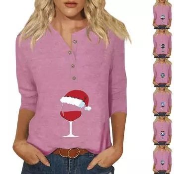 Женская мода Повседневная новая пуговица с круглым вырезом и рукавами 3/4 Свободная футболка с принтом Женский топ XXL