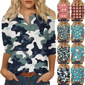 Женская мода Повседневная новая пуговица с круглым вырезом и рукавами 3/4 Свободная футболка с принтом Женский топ S красный