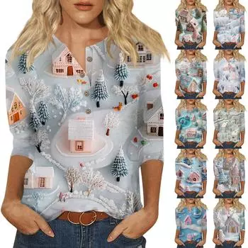 Женская мода Повседневная новая пуговица с круглым вырезом и рукавами 3/4 Свободная футболка с принтом Женский топ S фиолетовый