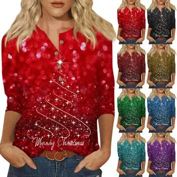 Женская мода Повседневная новая пуговица с круглым вырезом и рукавами 3/4 Свободная футболка с принтом Женский топ M